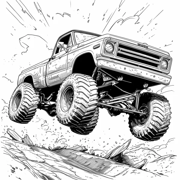 Big foot off-road truck jumping over broken ramp, realistic style — free printable transportation coloring book page