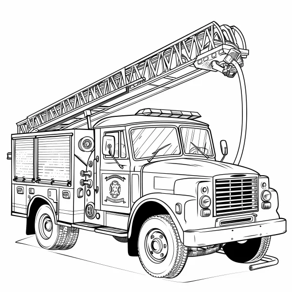 Fire truck with extendable ladder, realistic style — free printable transportation coloring book page