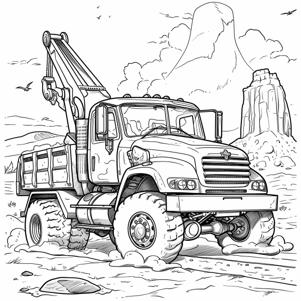 Heavy-duty construction dump truck, realistic line art style — free printable outdoor coloring book page