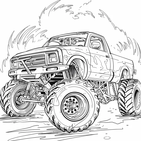 Bigfoot monster truck, cartoon style — free printable transportation coloring book page