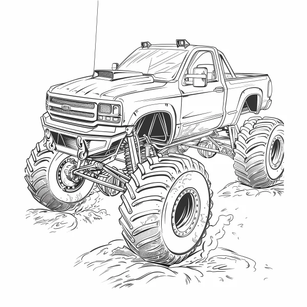 Monster truck, realistic sketch style — free printable off-road coloring book page