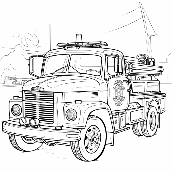 Vintage fire truck, realistic line art style — free printable occupation coloring book page
