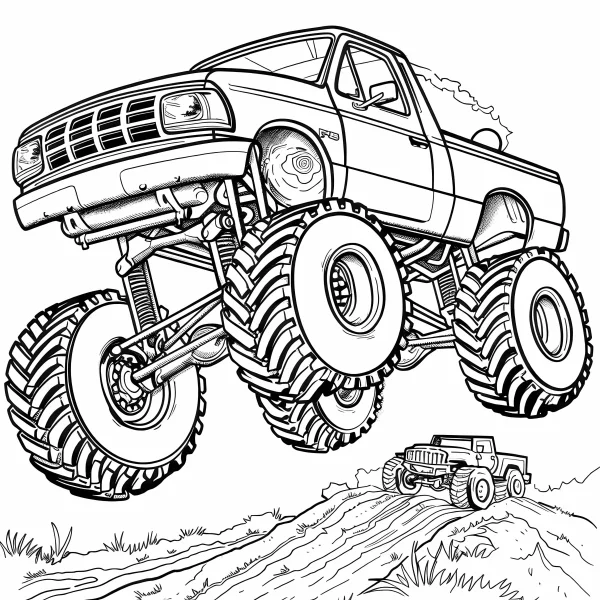 Giant off-road monster truck, realistic line art style — free printable outdoor adventure coloring book page