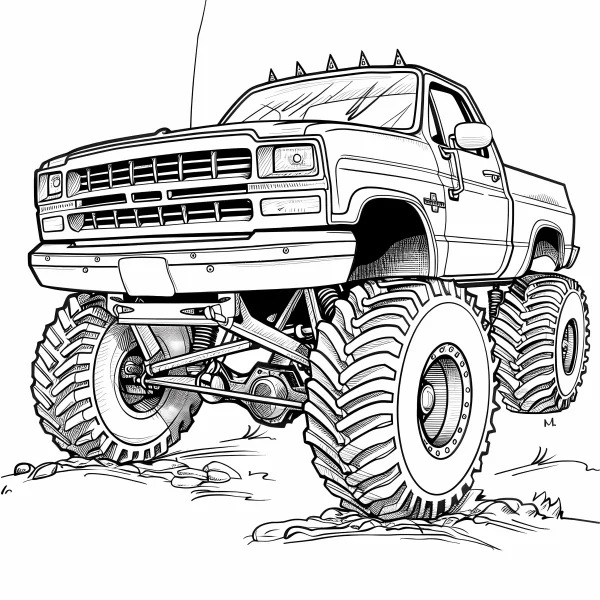 Monster off-road truck, cartoon style — free printable adventure coloring book page