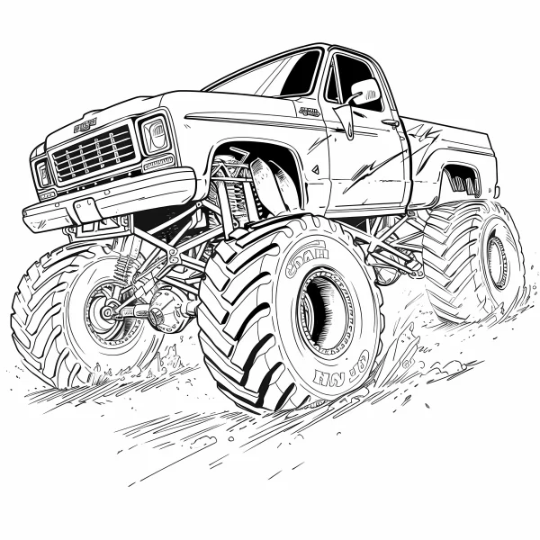 Monster truck, cartoon style — free printable transportation coloring book page