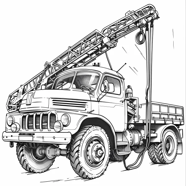 Vintage crane truck, realistic sketch style — free printable construction vehicle coloring book page