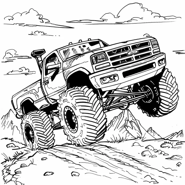 Coloring book page, monster truck off-roading — free printable transportation coloring book page