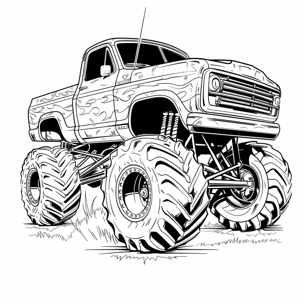 Bigfoot monster truck, cartoon sketch style — free printable transportation coloring book page