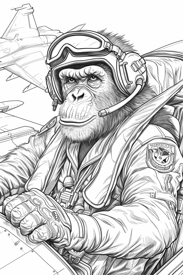 Pilot chimpanzee sitting in fighter jet cockpit, realistic line art — free printable occupation coloring book page