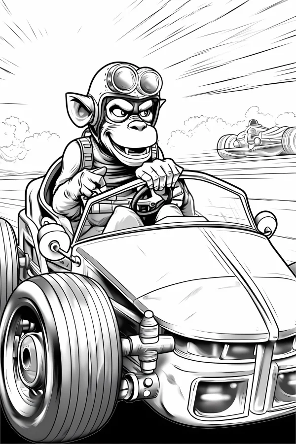 Cartoon monkey race car driver wearing helmet and goggles, cartoon style — free printable racing coloring book page