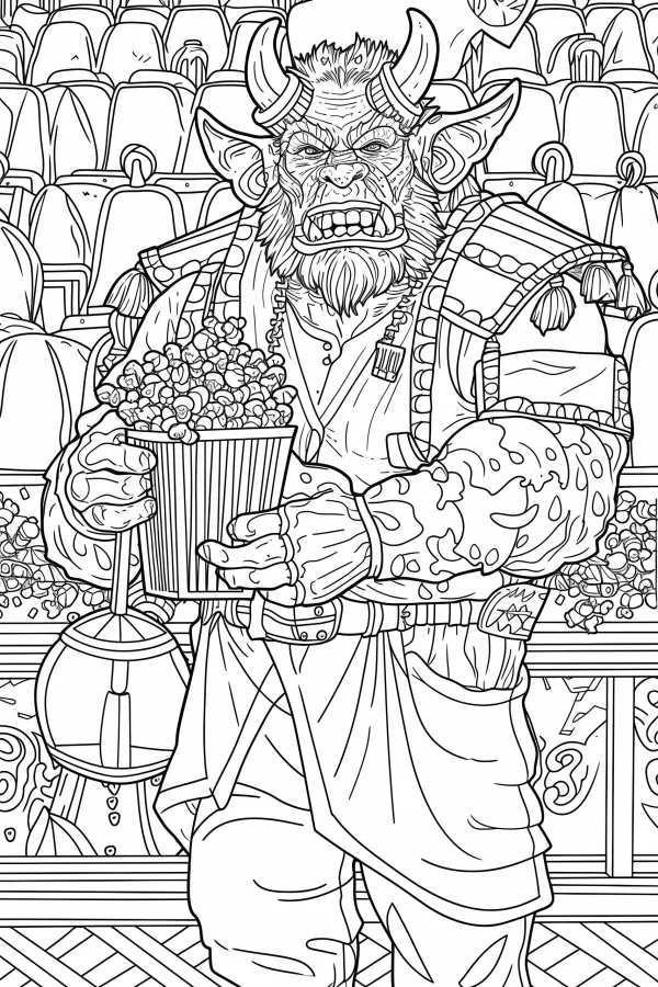 Fantasy orc holding a popcorn bucket, fantasy cartoon style — free printable entertainment coloring book page