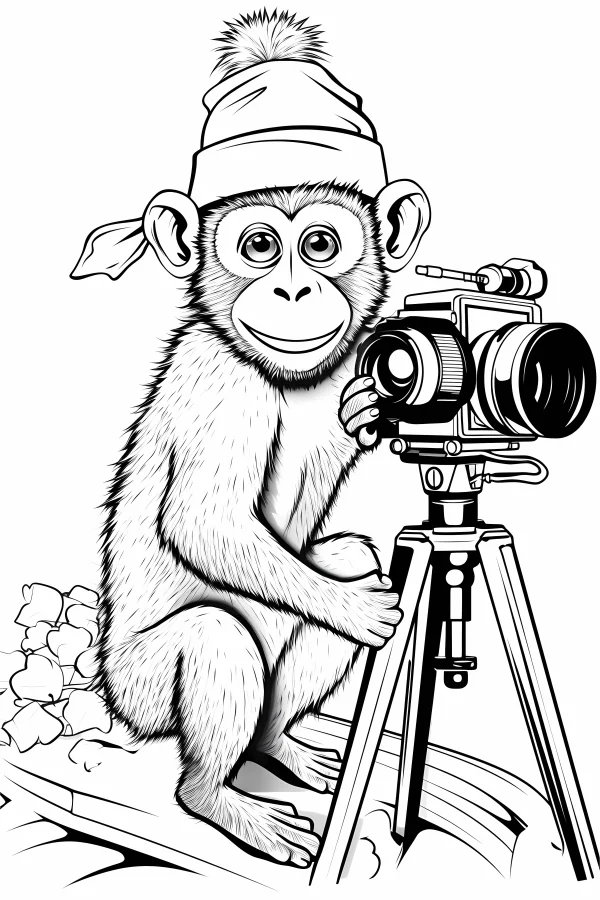 Cute monkey wearing pom-pom beanie holding a camera on tripod, cartoon style — free printable photography coloring book page