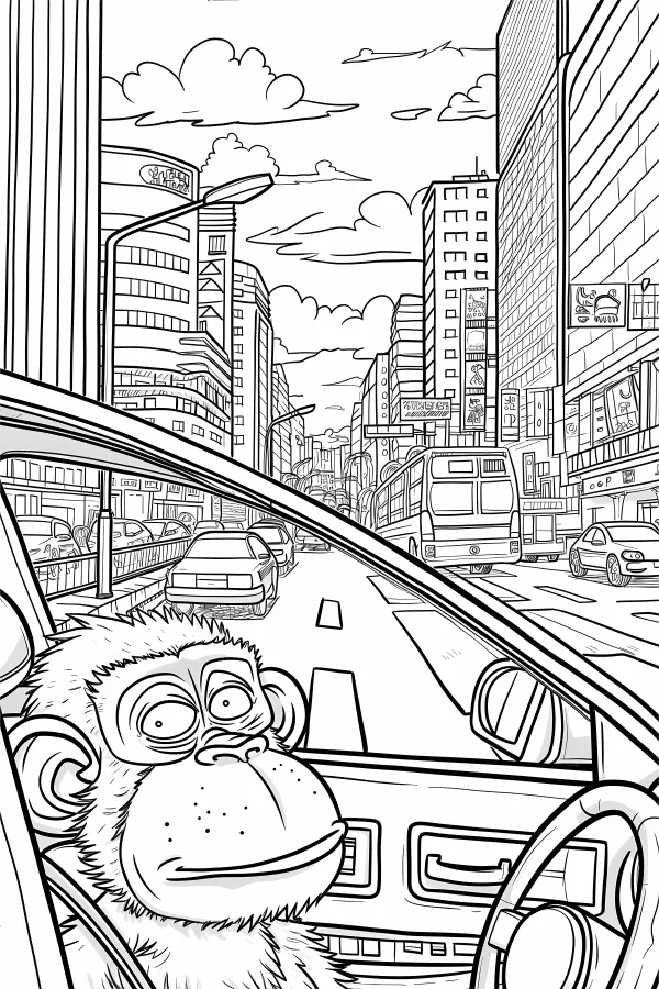 Coloring book page, a silly monkey driving a car — free printable city life coloring book page