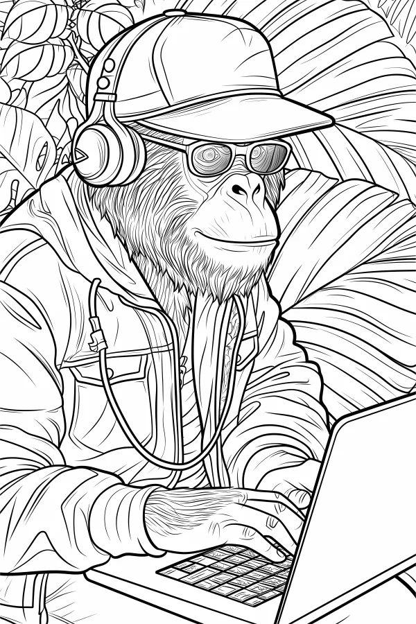 Coloring book page, anthropomorphic gorilla wearing baseball cap — free printable work coloring book page