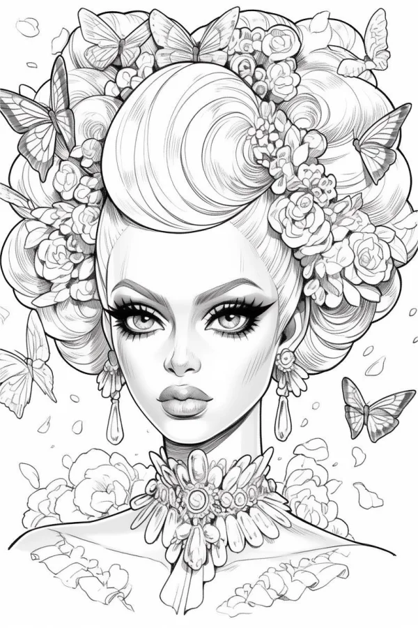 Elegant delicate woman with floral and butterfly hair decorations, cartoon illustration style — free printable insects coloring book page