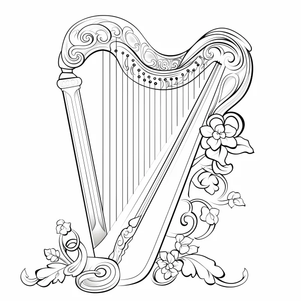Decorative harp with flowers and curling vines, art nouveau style — free printable art creation coloring book page