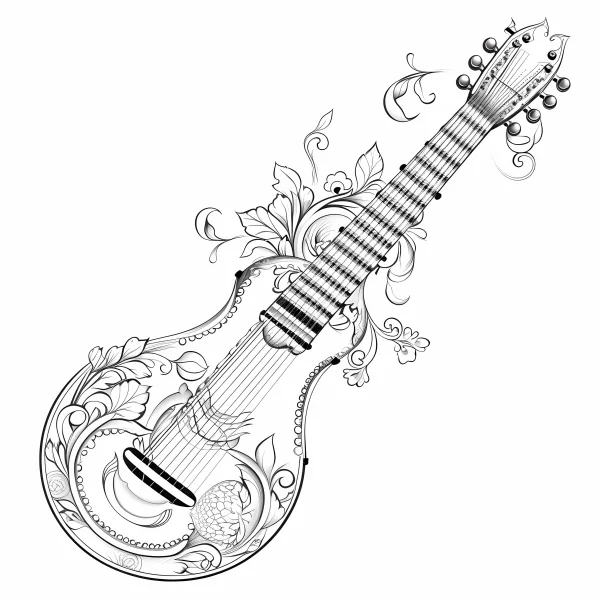 Decorative sitar with floral vines and leaves, indian ornamental art style — free printable india coloring book page
