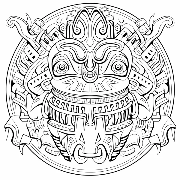 Mayan totem mask, mayan and aztec tribal art style — free printable indigenous coloring book page