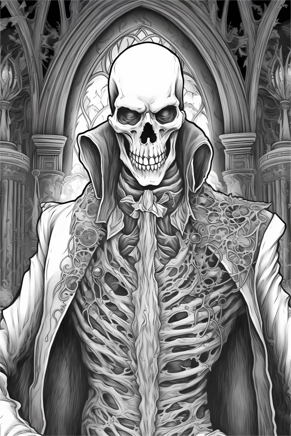 Gothic style skeleton gentleman, standing in front of gothic church archway with stone pillars and stained glass — free printable goth culture coloring book page