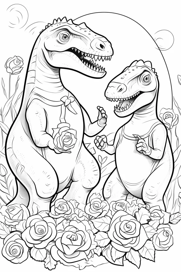 Anthropomorphic t-rex and small dinosaur holding roses, cartoon style — free printable romance coloring book page