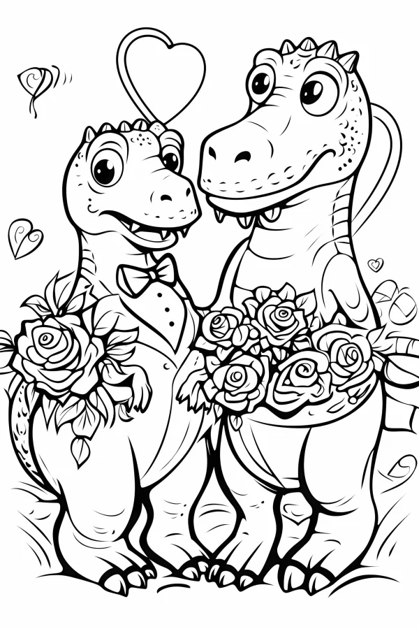 Cartoon dinosaurs in wedding attire, one with bow tie and flower decoration — free printable wedding coloring book page