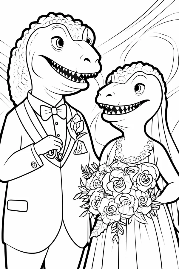 Anthropomorphic dinosaur couple in wedding outfits, male dinosaur wearing suit with bow tie and boutonniere — free printable wedding coloring book page