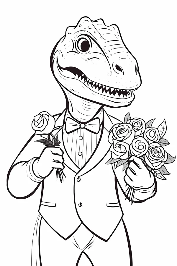 Anthropomorphic t-rex in formal vest and bow tie holding single rose and rose bouquet, cartoon style — free printable romance coloring book page