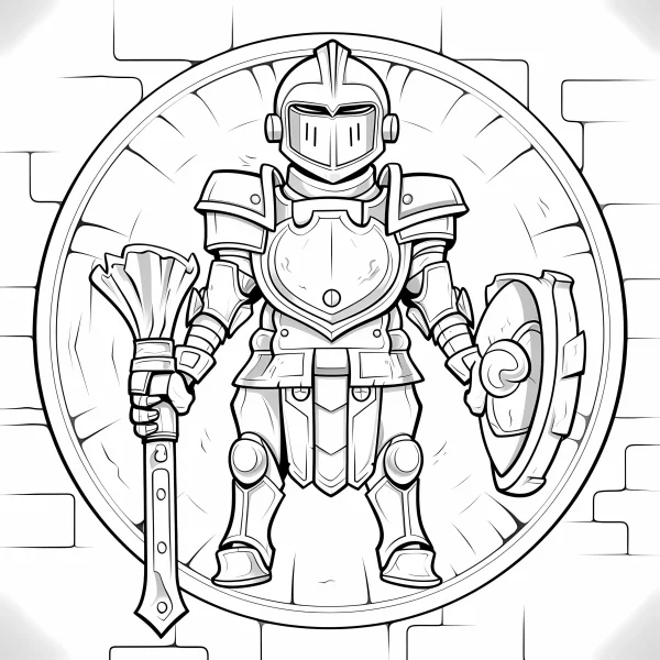 Cute cartoon knight in full armor, holding war hammer and shield — free printable medieval coloring book page