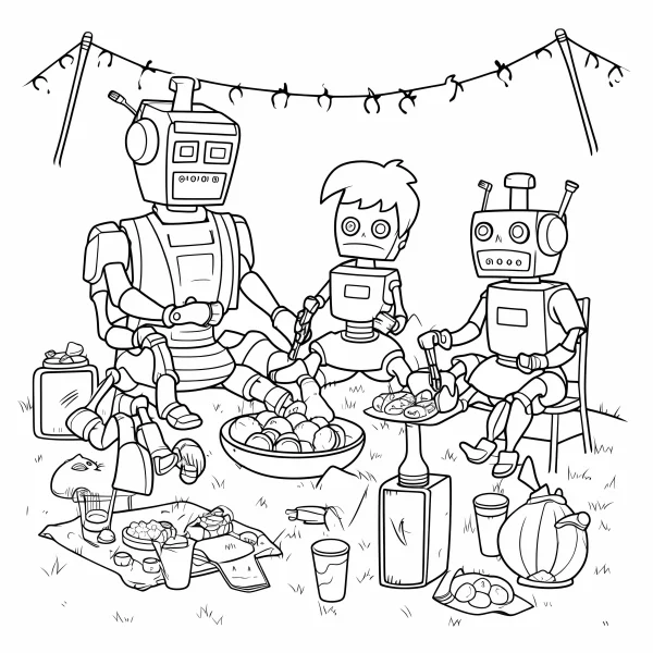 Three robots having a picnic in an outdoor grassy area, cartoon sci-fi style — free printable picnic coloring book page