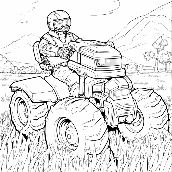 Futuristic rider driving sci-fi all-terrain vehicle, cartoon sci-fi style — free printable outdoor coloring book page
