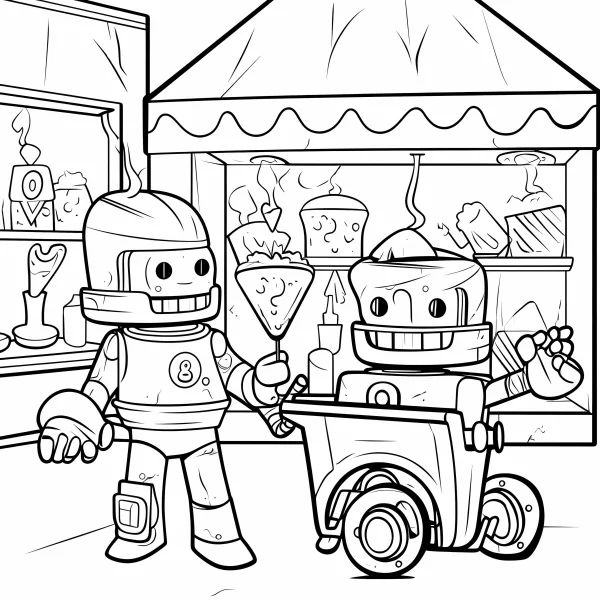 Two cute robots with food cart, cartoon style — free printable robot coloring book page