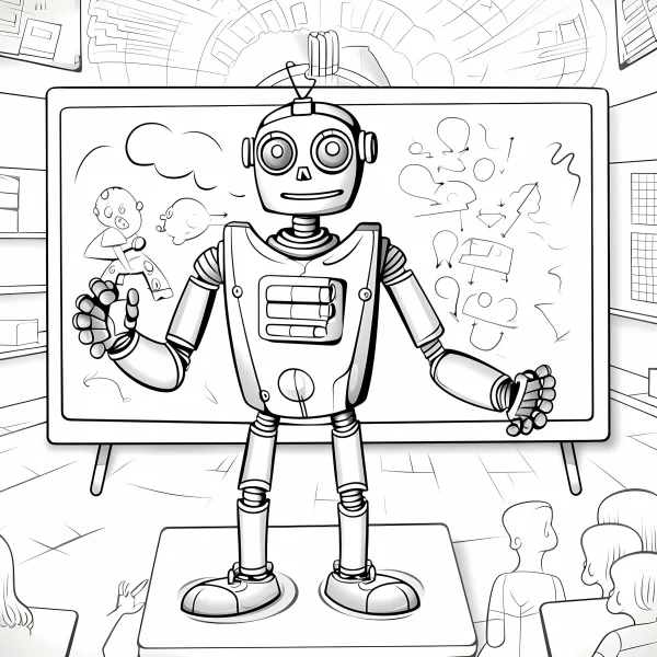 Classroom robot standing on podium, cartoon style — free printable learning coloring book page