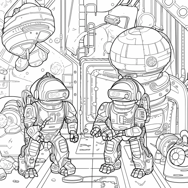 Robots inside a space capsule, sci-fi cartoon style — free printable robot coloring book page