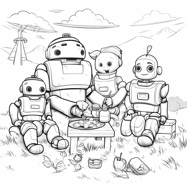 Robot family having a picnic on grass, cartoon sci-fi style — free printable picnic coloring book page