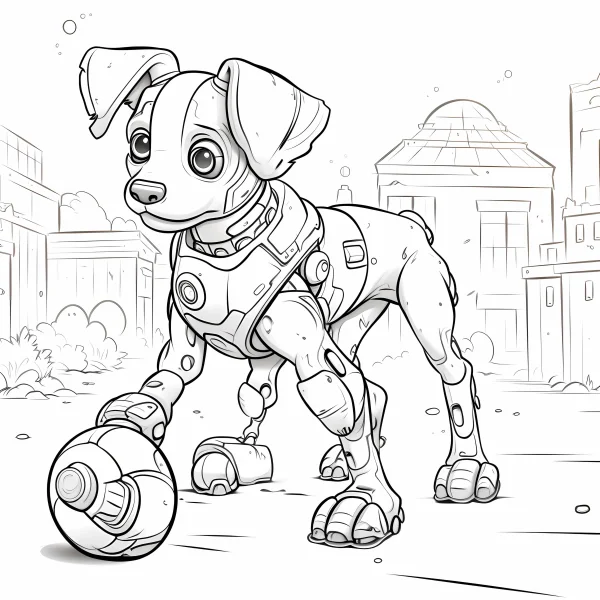 Cute mechanical puppy, cartoon sci-fi style — free printable city life coloring book page