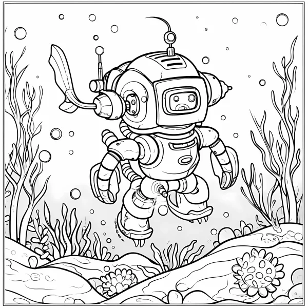 Underwater robot, cartoon sci-fi style — free printable robot coloring book page