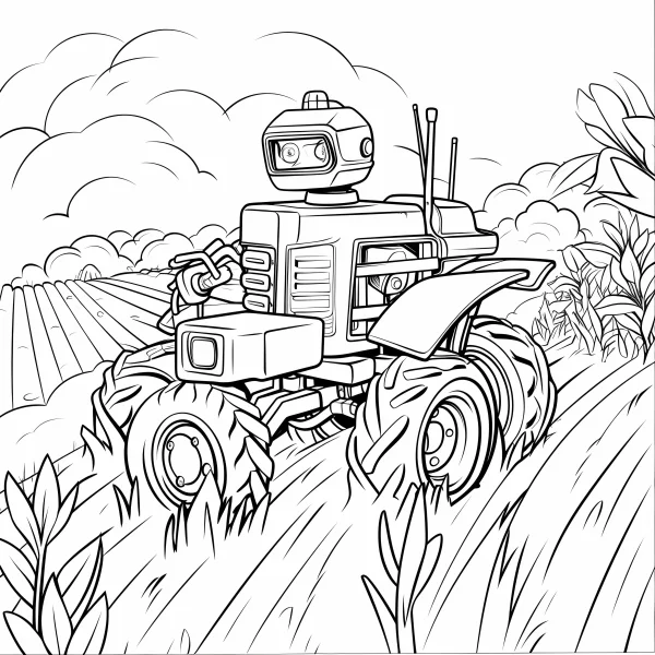 Robot tractor in farm field, cartoon sci-fi style — free printable agriculture coloring book page