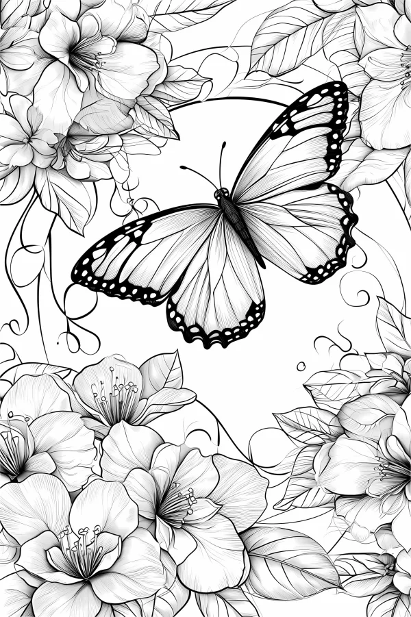 Coloring book page, butterfly surrounded by flowers and vines — free printable animal theme coloring book page