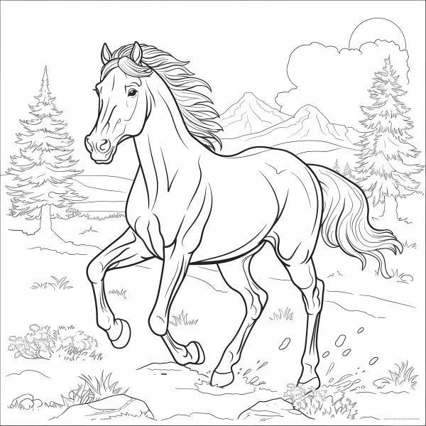 Running horse, realistic illustration style — free printable animal theme coloring book page