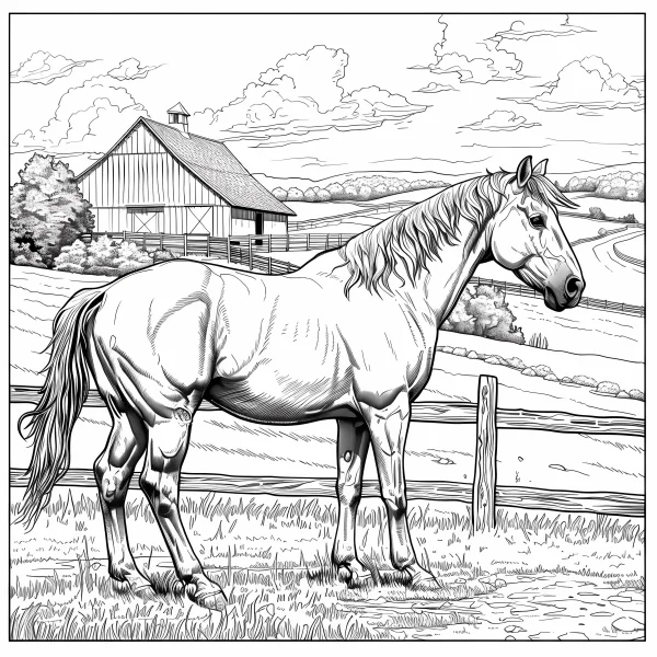 Realistic farm horse standing by wooden fence, rural farm scene with barn — free printable farm coloring book page