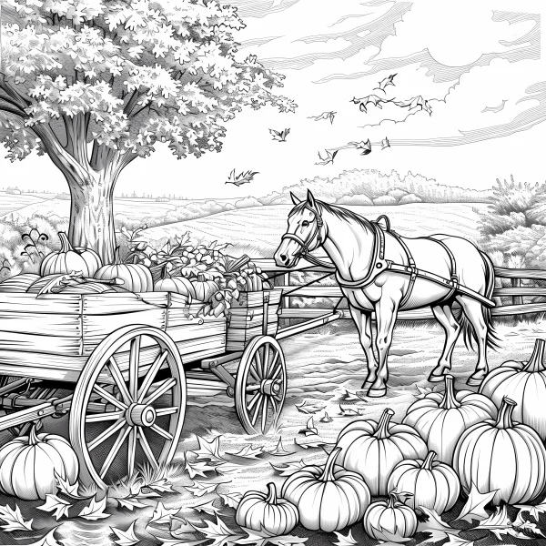 Horse with wooden cart in autumn harvest farm scene, surrounded by pumpkins and a large maple tree — free printable farm life coloring book page