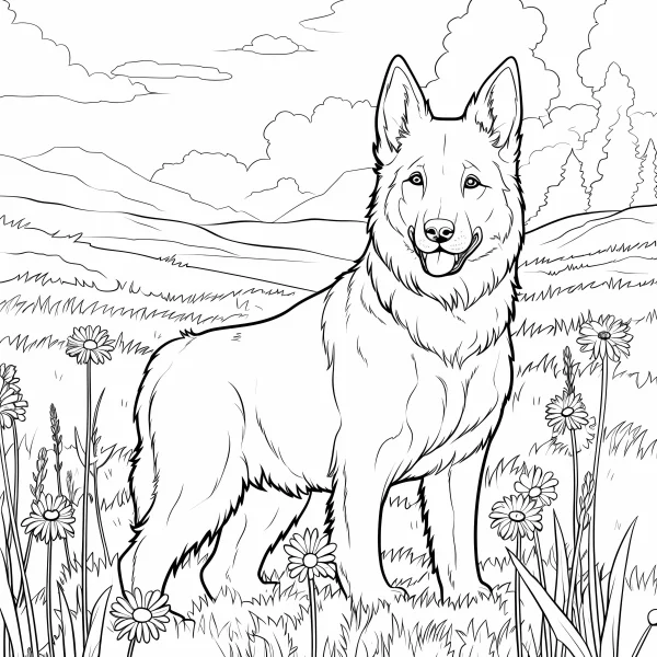 German shepherd dog standing in grass meadow with daisies, realistic line art style — free printable animal theme coloring book page