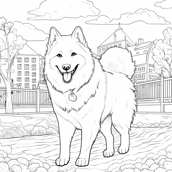 Samoyed dog, in urban park with residential buildings — free printable city life coloring book page