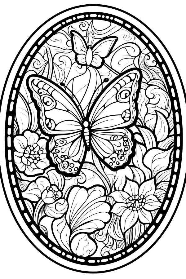 Butterfly with flowers and vines, decorative art style — free printable insects coloring book page