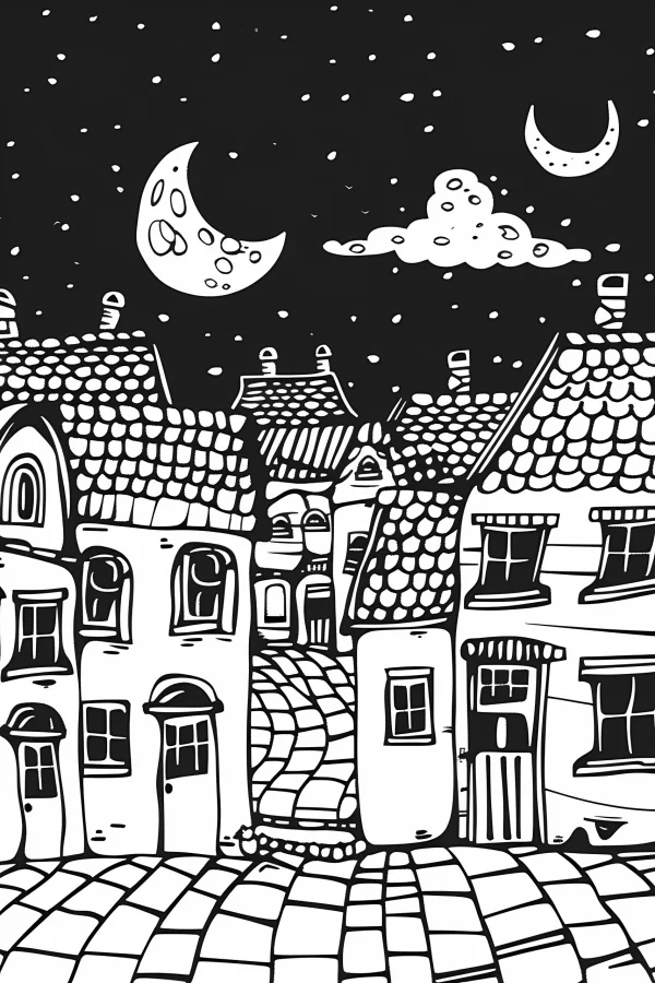 Night town buildings with cobblestone path, cartoon style — free printable small town life coloring book page