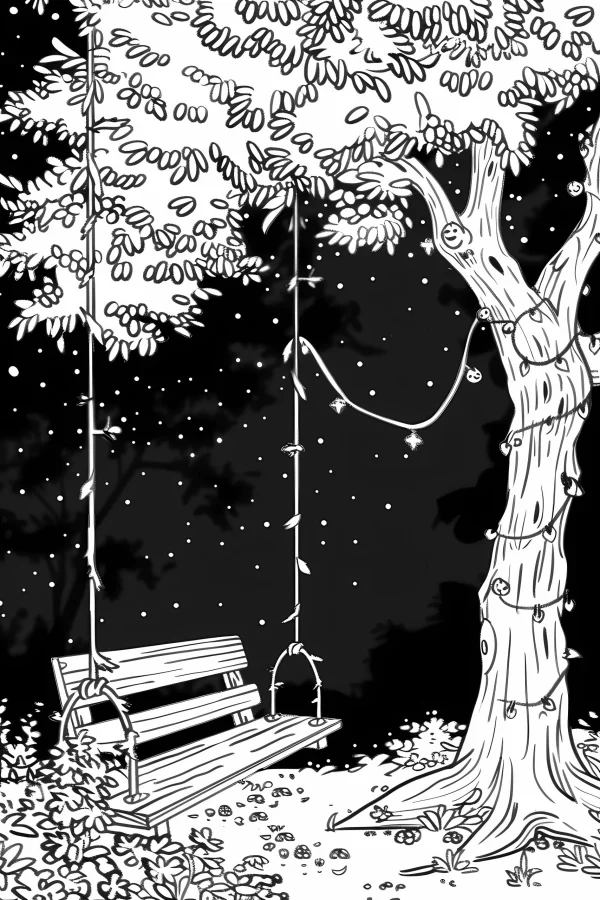 Swing under a night tree, sketch style — free printable outdoor leisure coloring book page