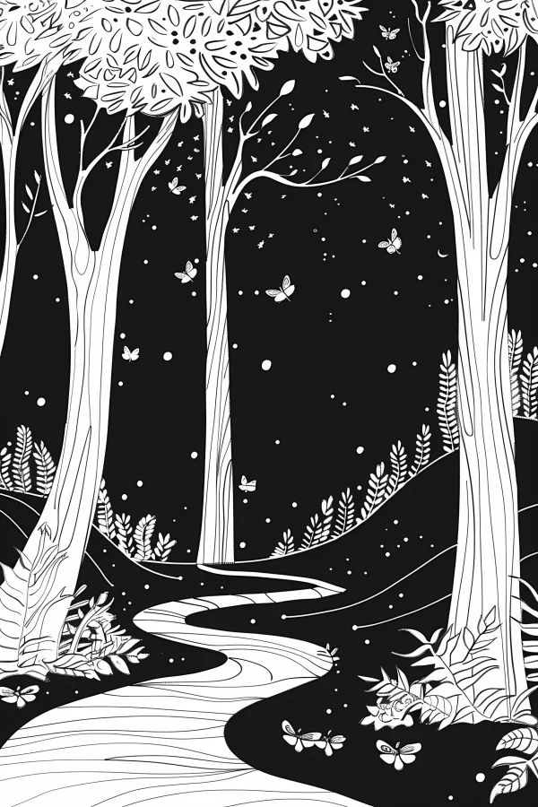 Night forest path, illustration style — free printable night coloring book page