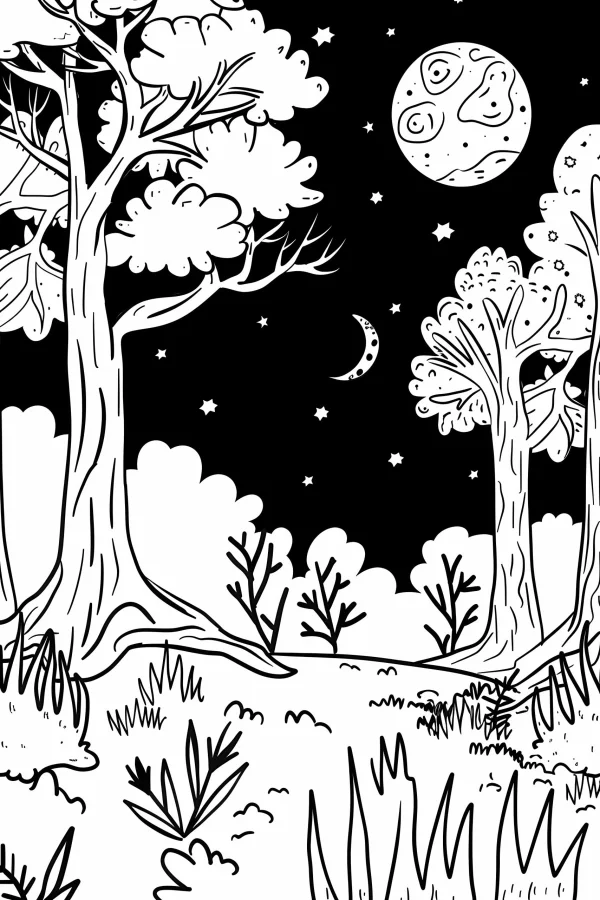 Night forest landscape, cartoon style — free printable night coloring book page