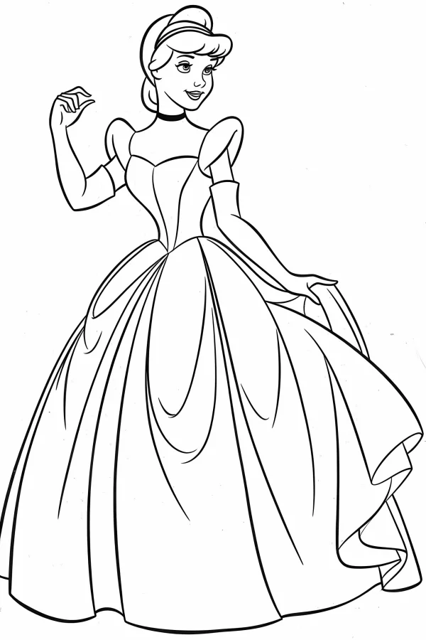 Cinderella princess in a full ball gown, cartoon disney style — free printable princess coloring book page