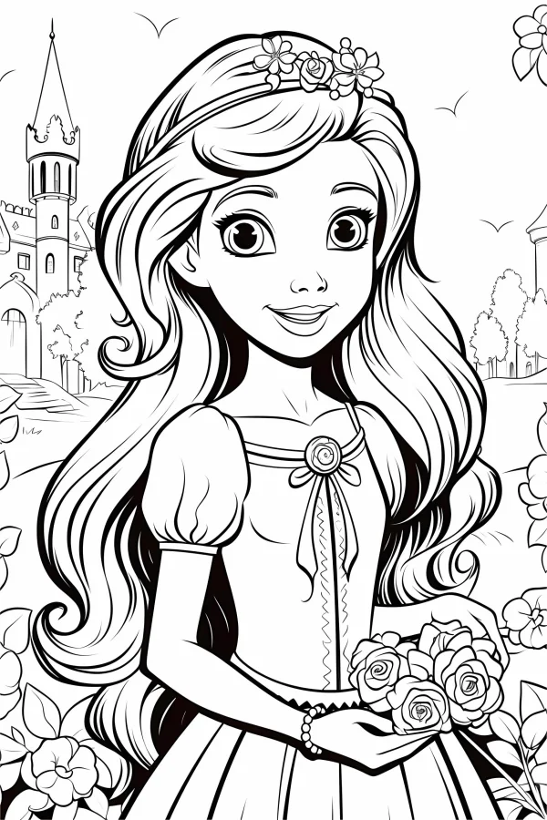 Cute long-haired princess holding a bouquet of roses, cartoon style — free printable princess coloring book page